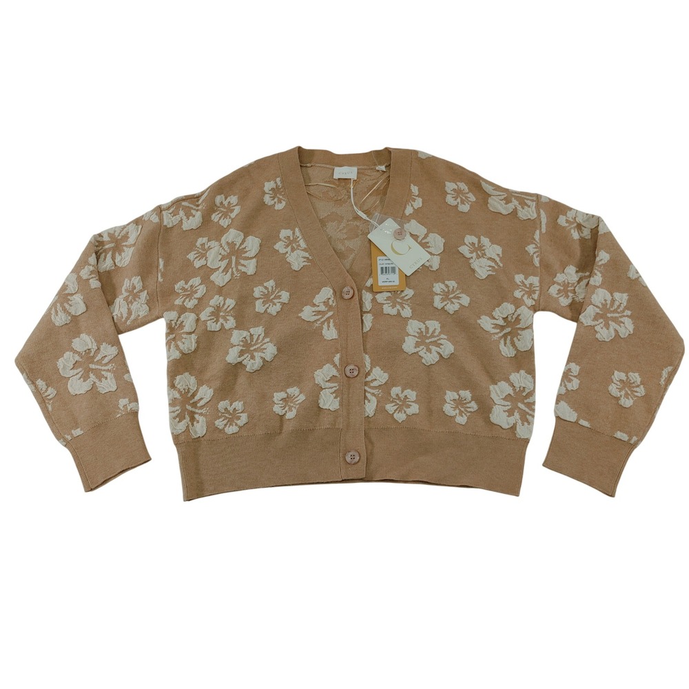 Cyrus Floral Hibiscus Cardigan Sweater Tan Cream V-Neck Button Front Size XL‎
